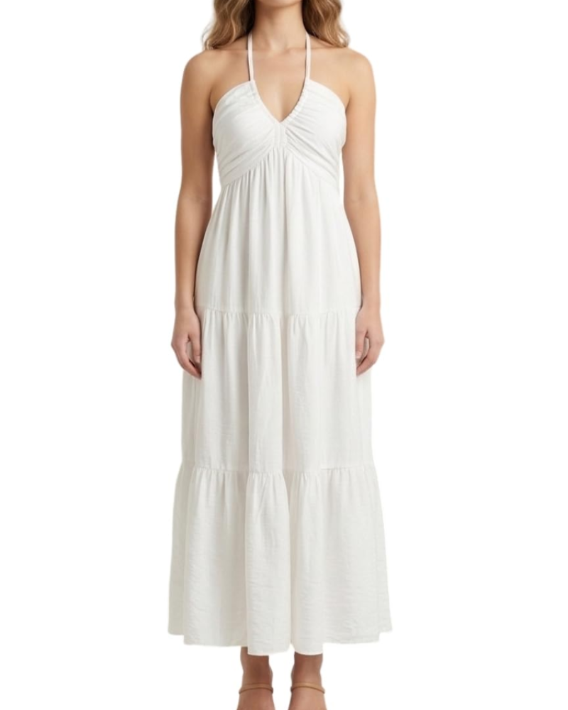 Leticia Damen Maxikleid – Verstellbarer Neckholder, Fließender Schnitt mit Volants & Taschen für den Sommer
