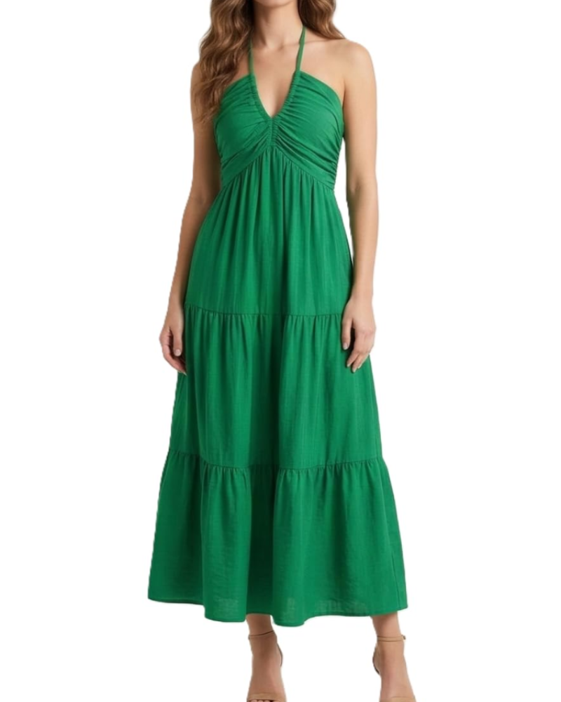 Leticia Damen Maxikleid – Verstellbarer Neckholder, Fließender Schnitt mit Volants & Taschen für den Sommer