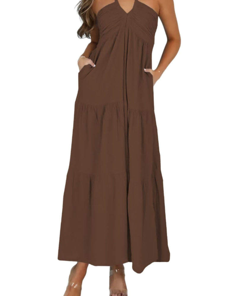 Leticia Damen Maxikleid – Verstellbarer Neckholder, Fließender Schnitt mit Volants & Taschen für den Sommer