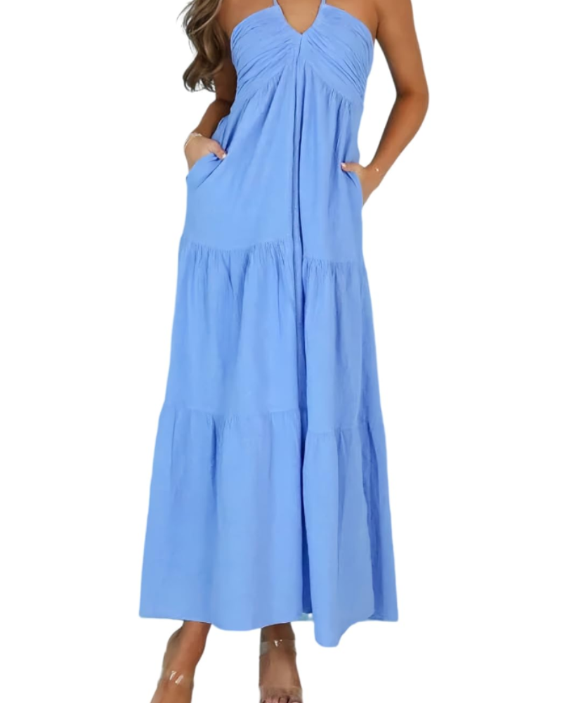 Leticia Damen Maxikleid – Verstellbarer Neckholder, Fließender Schnitt mit Volants & Taschen für den Sommer