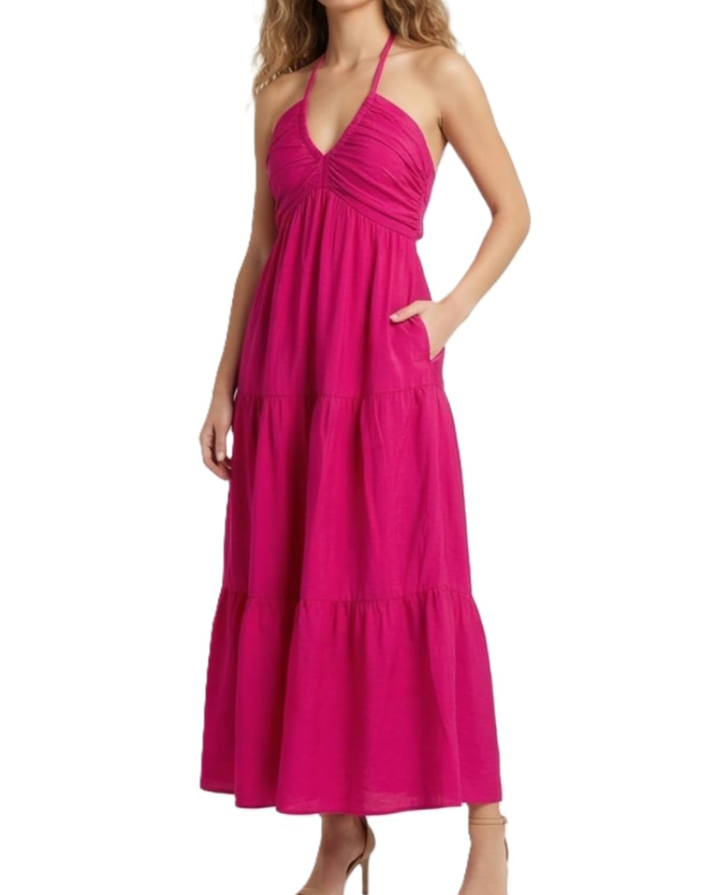 Leticia Damen Maxikleid – Verstellbarer Neckholder, Fließender Schnitt mit Volants & Taschen für den Sommer
