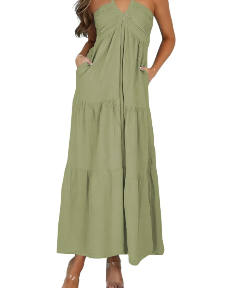 Leticia Damen Maxikleid – Verstellbarer Neckholder, Fließender Schnitt mit Volants & Taschen für den Sommer