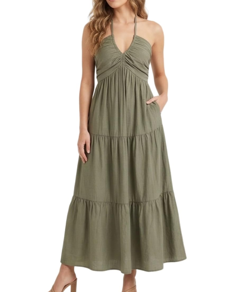 Leticia Damen Maxikleid – Verstellbarer Neckholder, Fließender Schnitt mit Volants & Taschen für den Sommer