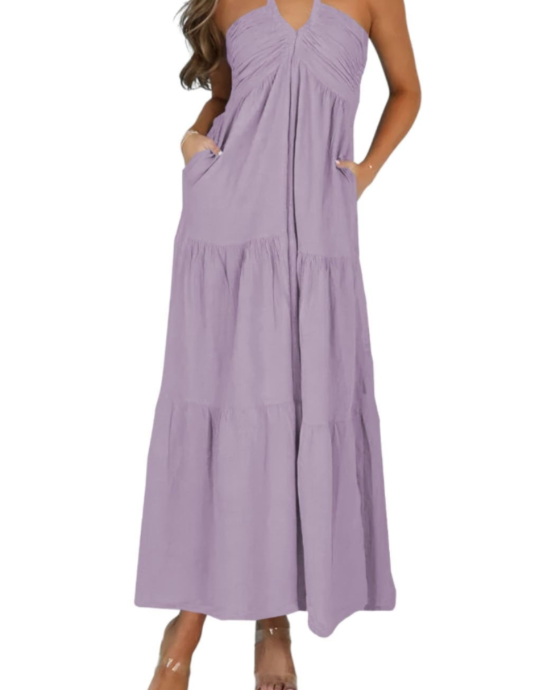 Leticia Damen Maxikleid – Verstellbarer Neckholder, Fließender Schnitt mit Volants & Taschen für den Sommer