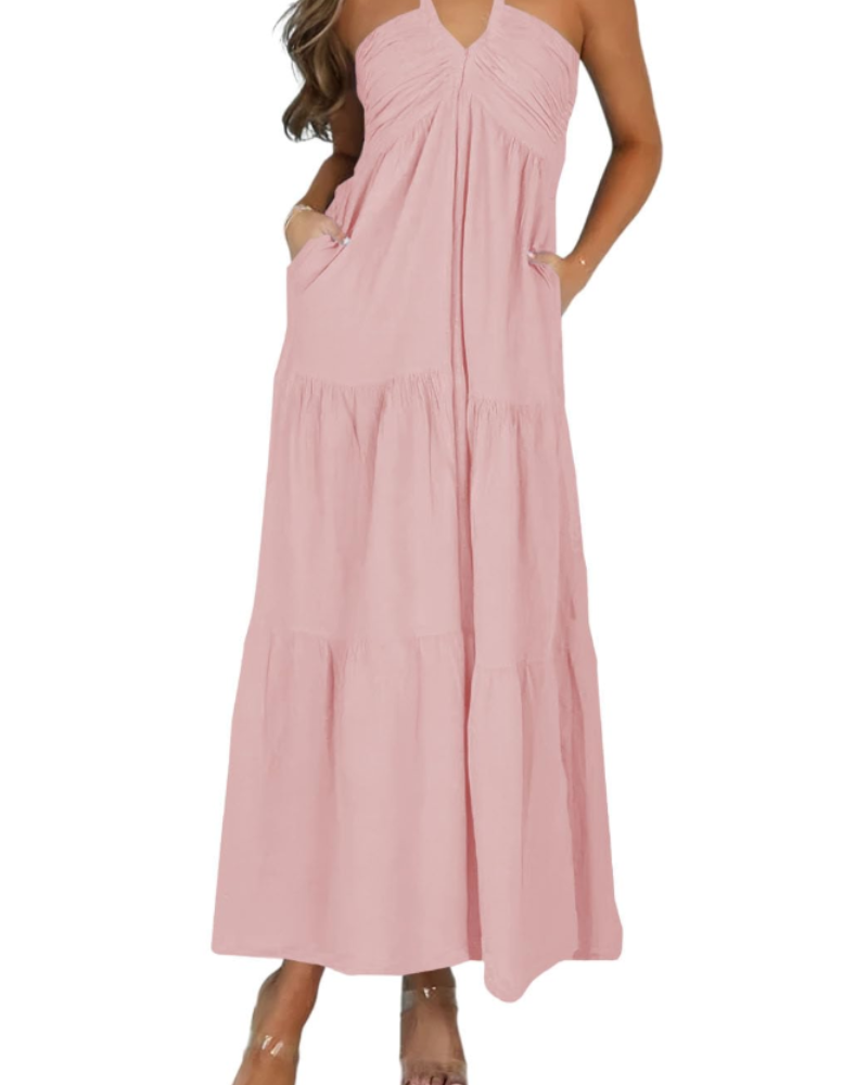 Leticia Damen Maxikleid – Verstellbarer Neckholder, Fließender Schnitt mit Volants & Taschen für den Sommer