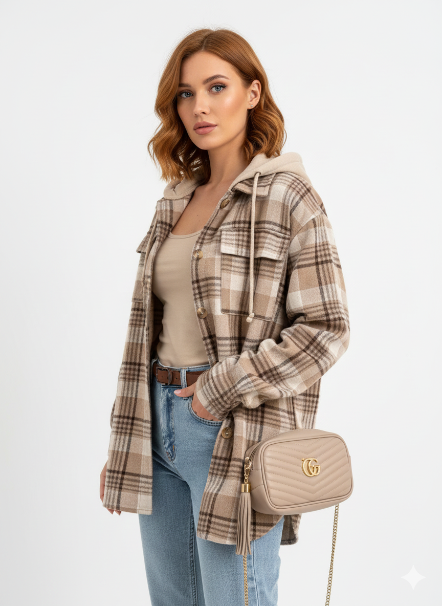 Lian Women's Hooded Coat – Warm Plaid Jacket with Casual Fit