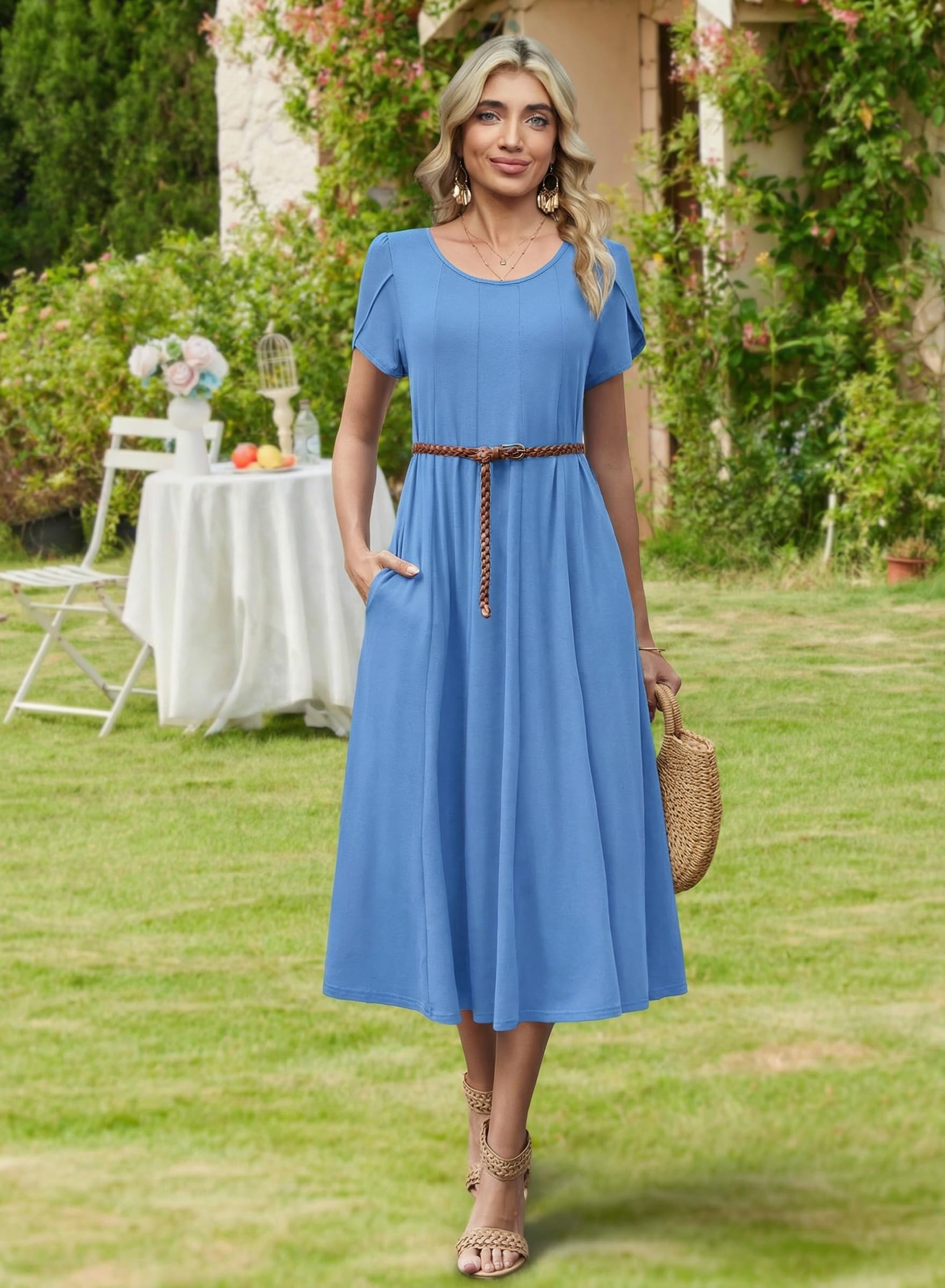 Wella Robe Femme – Rochie de vară cu guler rotund, mâneci scurte, croială evazată midi și buzunare