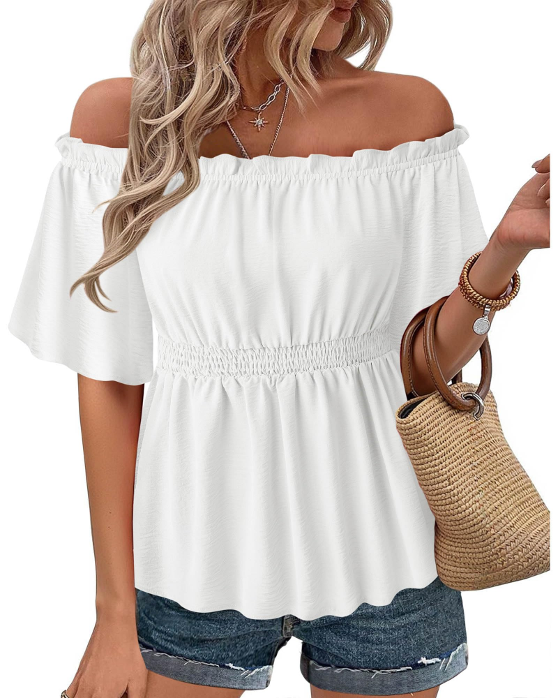 Lenora Top Femme – Blouse Off-Shoulder Péplum à Volants, Coupe Cintrée Élégante Été