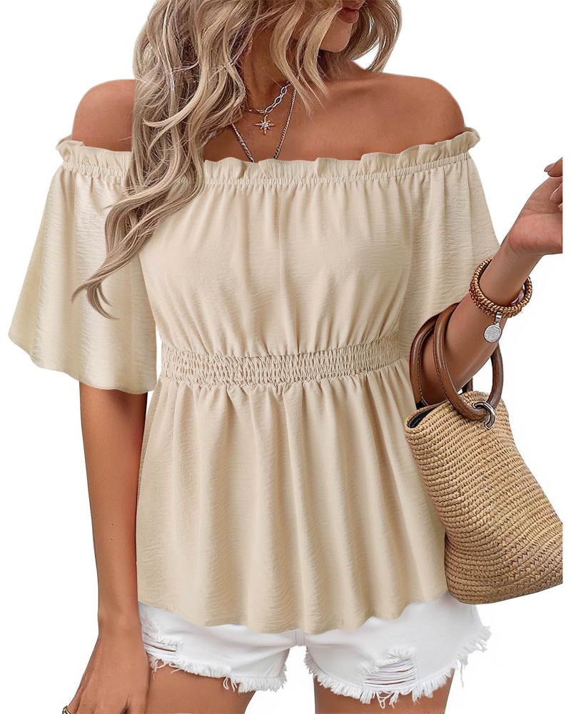 Lenora Top Femme – Blouse Off-Shoulder Péplum à Volants, Coupe Cintrée Élégante Été