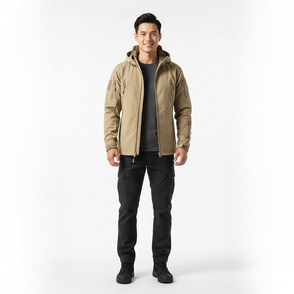 Lusian Men's Softshell Jacket – Adjustable Hooded Coat with Zipper Closure and Pockets