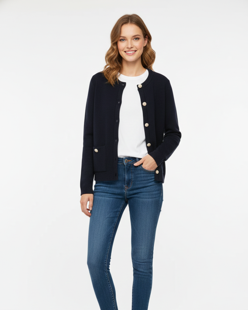 Maria Cardigan Court Dames – Fijngestructureerd Breisel, Contrasterende Knopen & Stijlvol Ontwerp