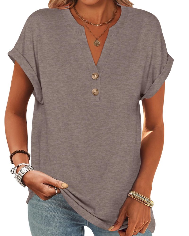 Manon Top Femme – Μπλούζα Henley με V λαιμόκοψη και κουμπιά, Αέρινη κομψή casual καλοκαιρινή γραμμή