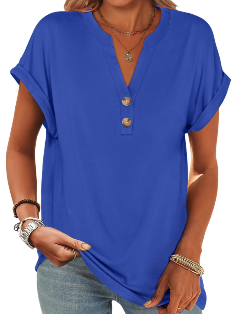 Manon Top Femme – Μπλούζα Henley με V λαιμόκοψη και κουμπιά, Αέρινη κομψή casual καλοκαιρινή γραμμή