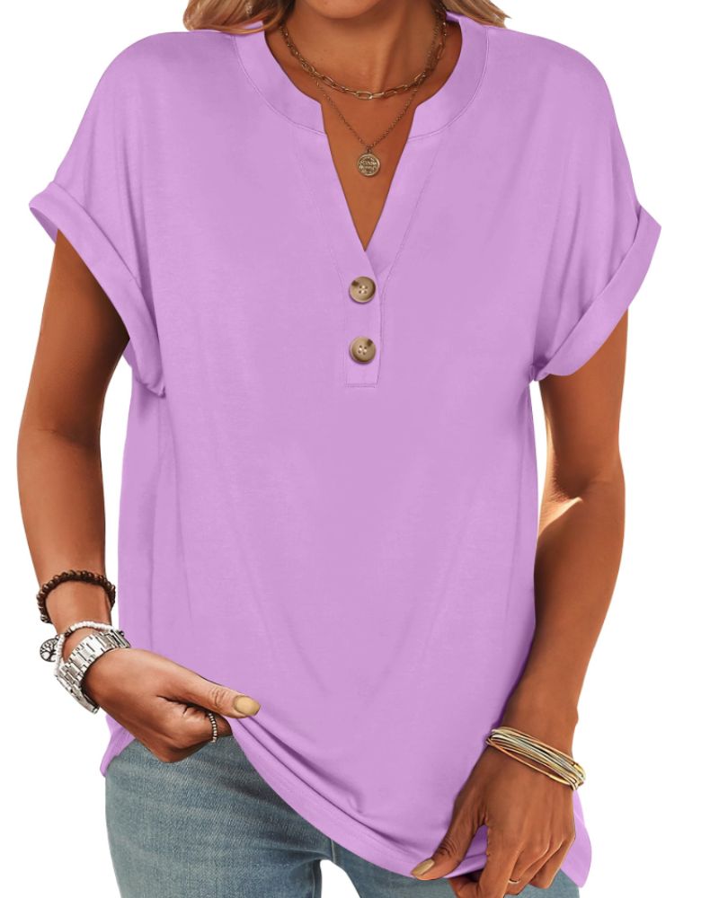 Manon Top Femme – Μπλούζα Henley με V λαιμόκοψη και κουμπιά, Αέρινη κομψή casual καλοκαιρινή γραμμή