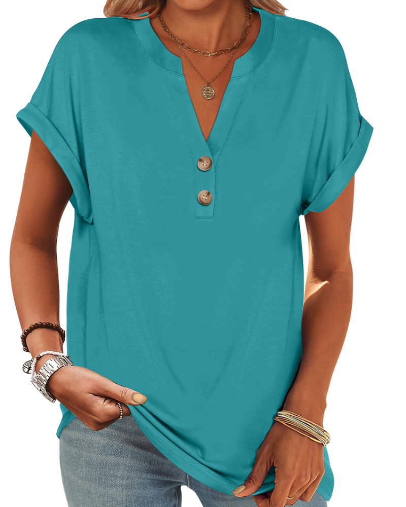 Manon Top Femme – Μπλούζα Henley με V λαιμόκοψη και κουμπιά, Αέρινη κομψή casual καλοκαιρινή γραμμή