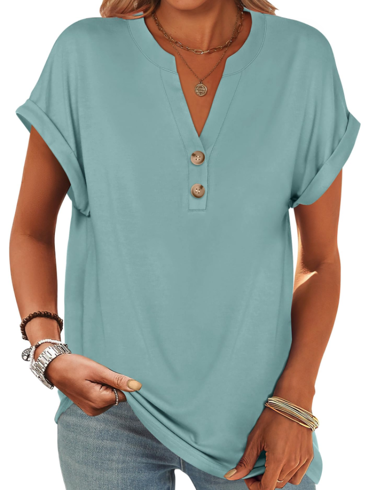 Manon Top Femme – Μπλούζα Henley με V λαιμόκοψη και κουμπιά, Αέρινη κομψή casual καλοκαιρινή γραμμή