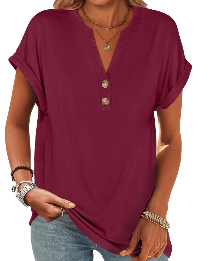 Manon Top Femme – Μπλούζα Henley με V λαιμόκοψη και κουμπιά, Αέρινη κομψή casual καλοκαιρινή γραμμή