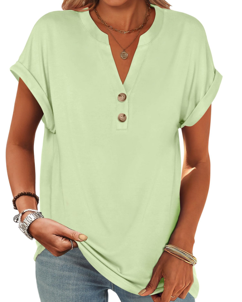 Manon Top Femme – Μπλούζα Henley με V λαιμόκοψη και κουμπιά, Αέρινη κομψή casual καλοκαιρινή γραμμή