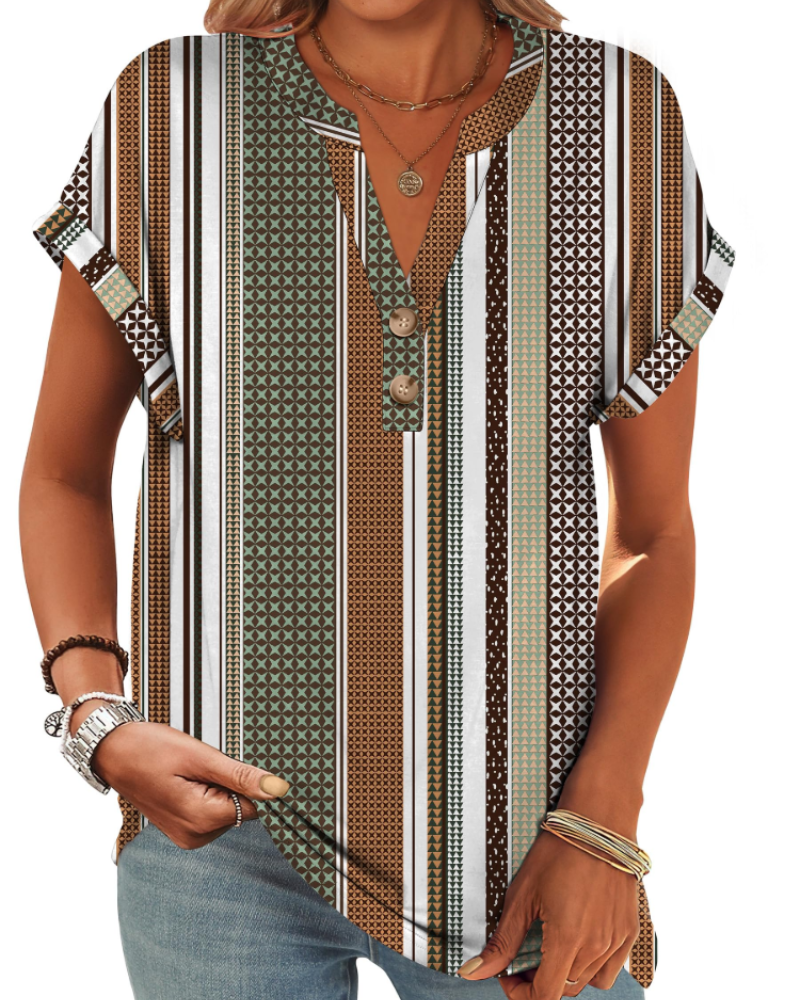 Manon Top Femme – Μπλούζα Henley με V λαιμόκοψη και κουμπιά, Αέρινη κομψή casual καλοκαιρινή γραμμή