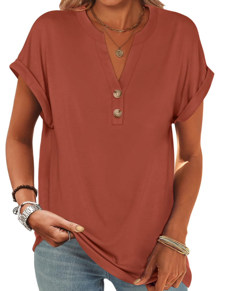 Manon Top Femme – Μπλούζα Henley με V λαιμόκοψη και κουμπιά, Αέρινη κομψή casual καλοκαιρινή γραμμή