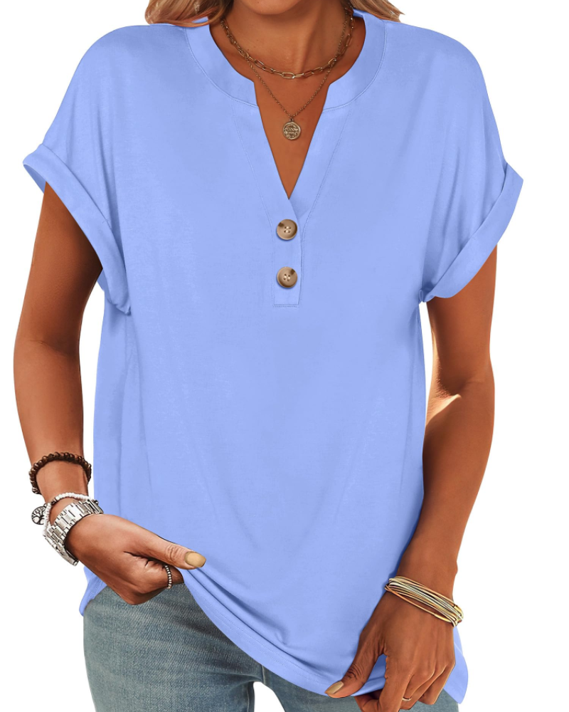 Manon Top Femme – Μπλούζα Henley με V λαιμόκοψη και κουμπιά, Αέρινη κομψή casual καλοκαιρινή γραμμή