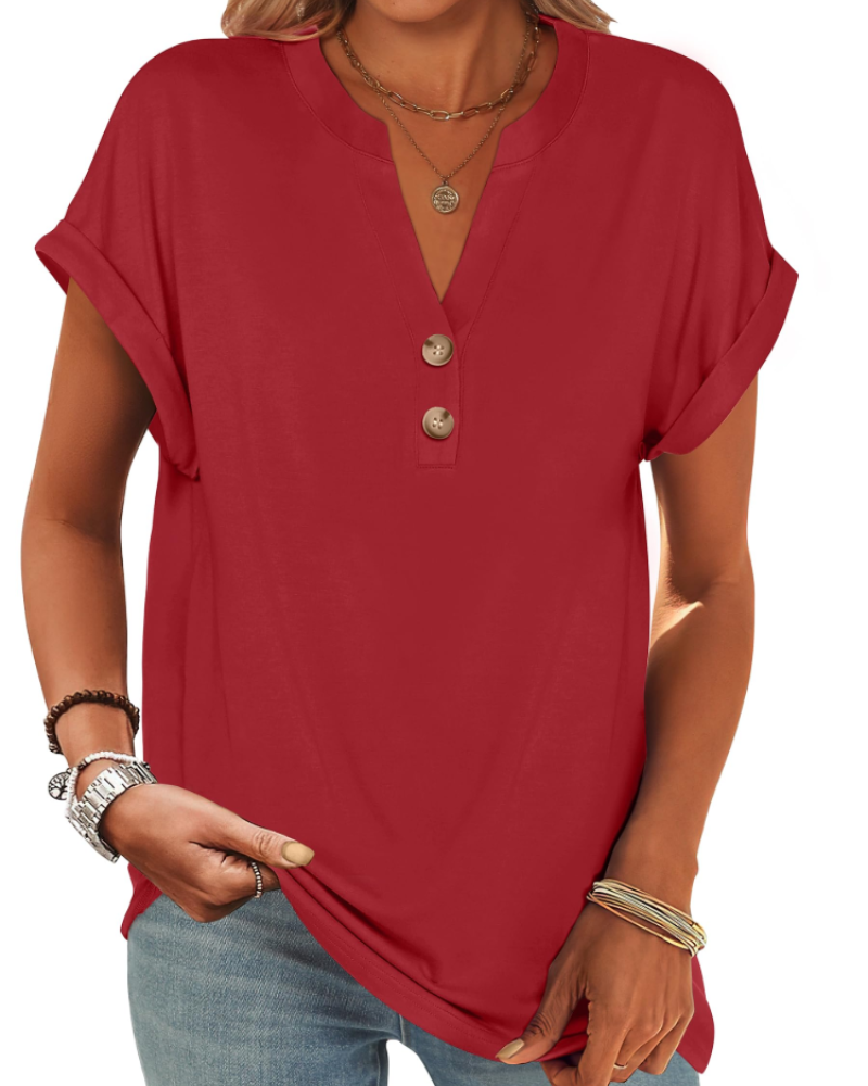 Manon Top Femme – Μπλούζα Henley με V λαιμόκοψη και κουμπιά, Αέρινη κομψή casual καλοκαιρινή γραμμή