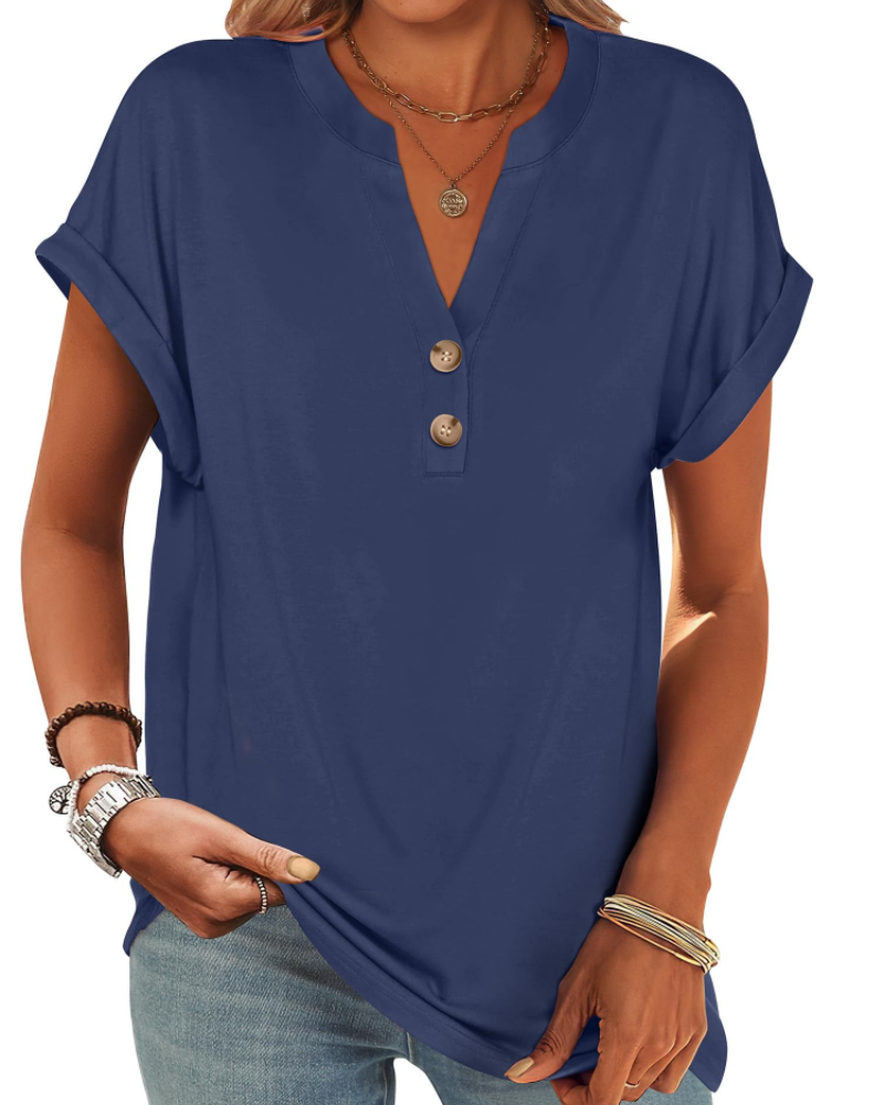 Manon Top Femme – Μπλούζα Henley με V λαιμόκοψη και κουμπιά, Αέρινη κομψή casual καλοκαιρινή γραμμή