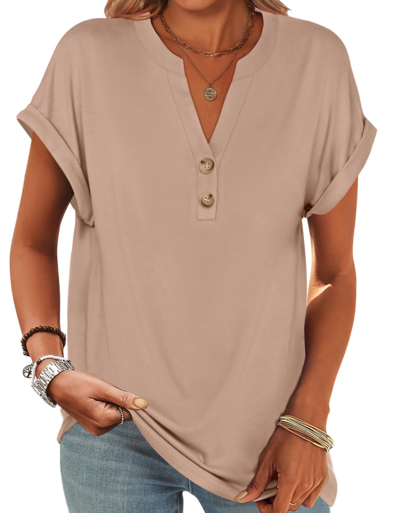 Manon Top Femme – Μπλούζα Henley με V λαιμόκοψη και κουμπιά, Αέρινη κομψή casual καλοκαιρινή γραμμή