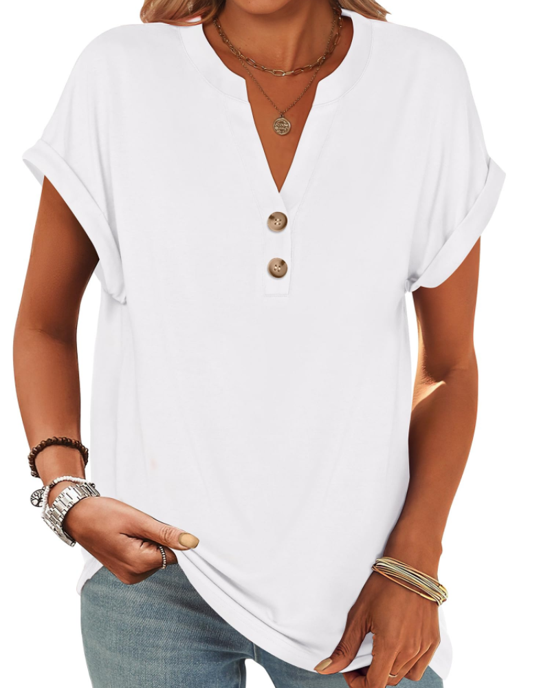Manon Top Femme – Μπλούζα Henley με V λαιμόκοψη και κουμπιά, Αέρινη κομψή casual καλοκαιρινή γραμμή