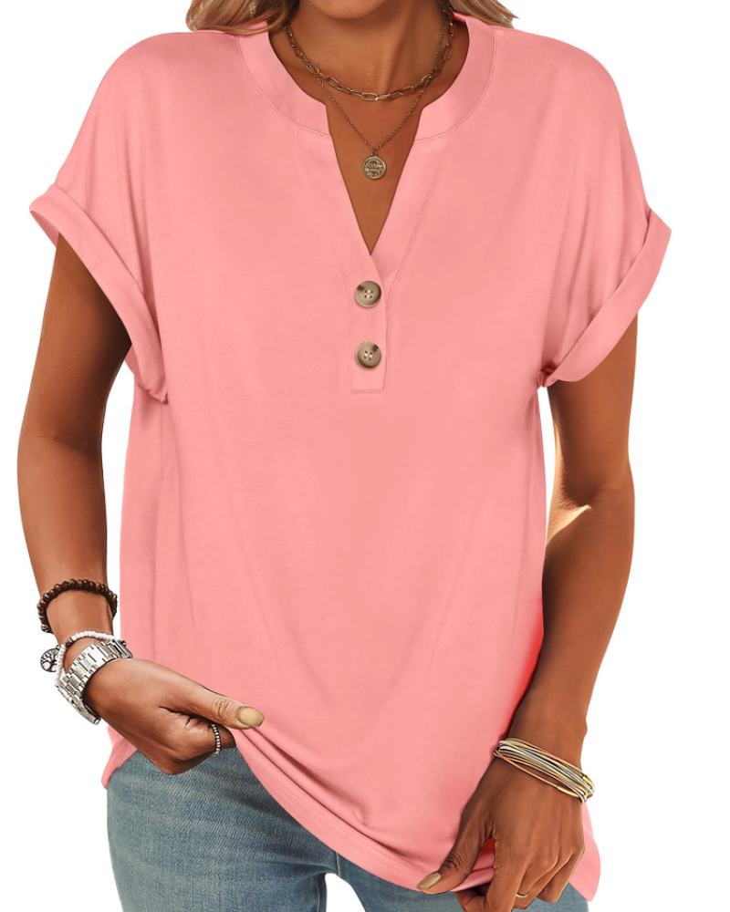 Manon Top Femme – Μπλούζα Henley με V λαιμόκοψη και κουμπιά, Αέρινη κομψή casual καλοκαιρινή γραμμή