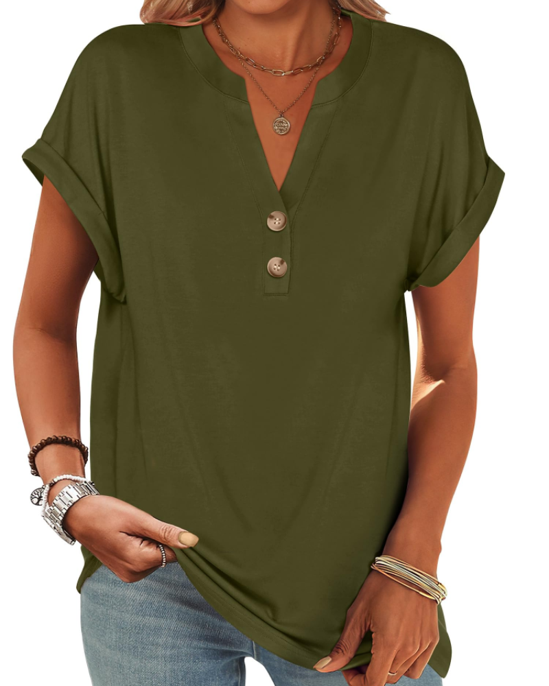 Manon Top Femme – Μπλούζα Henley με V λαιμόκοψη και κουμπιά, Αέρινη κομψή casual καλοκαιρινή γραμμή