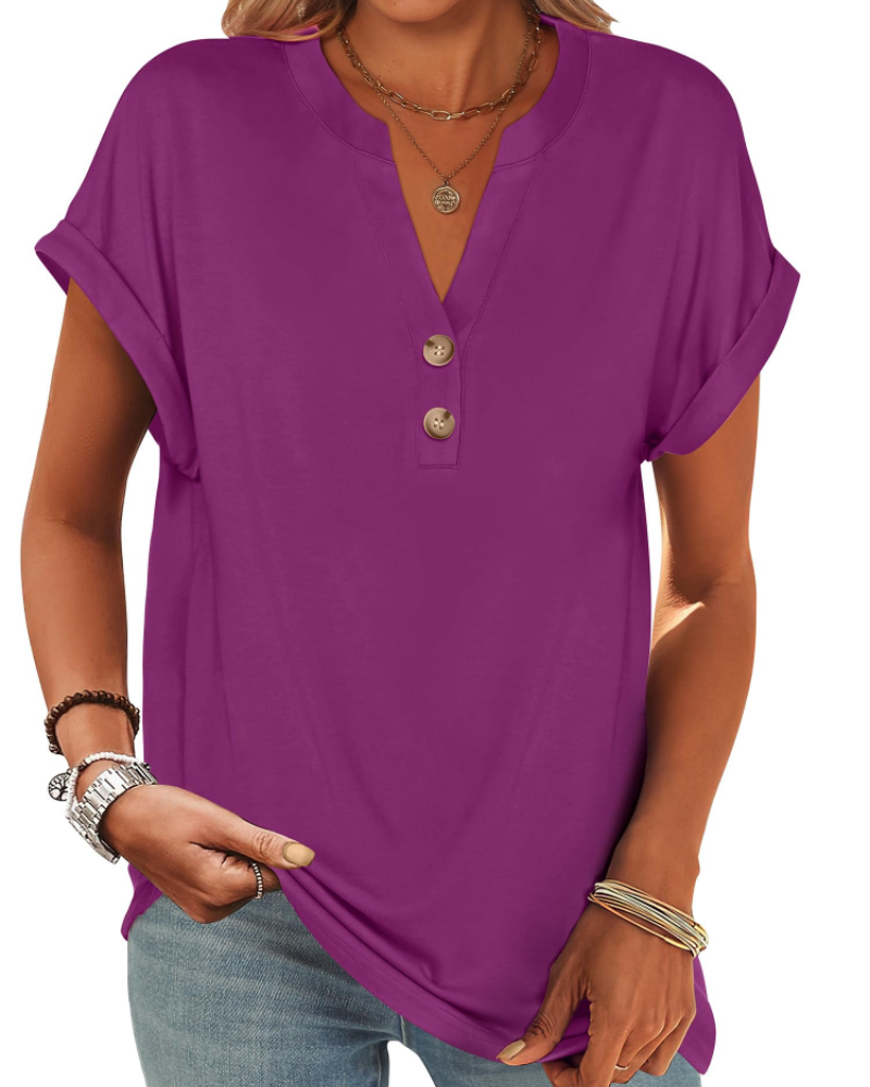 Manon Top Femme – Μπλούζα Henley με V λαιμόκοψη και κουμπιά, Αέρινη κομψή casual καλοκαιρινή γραμμή