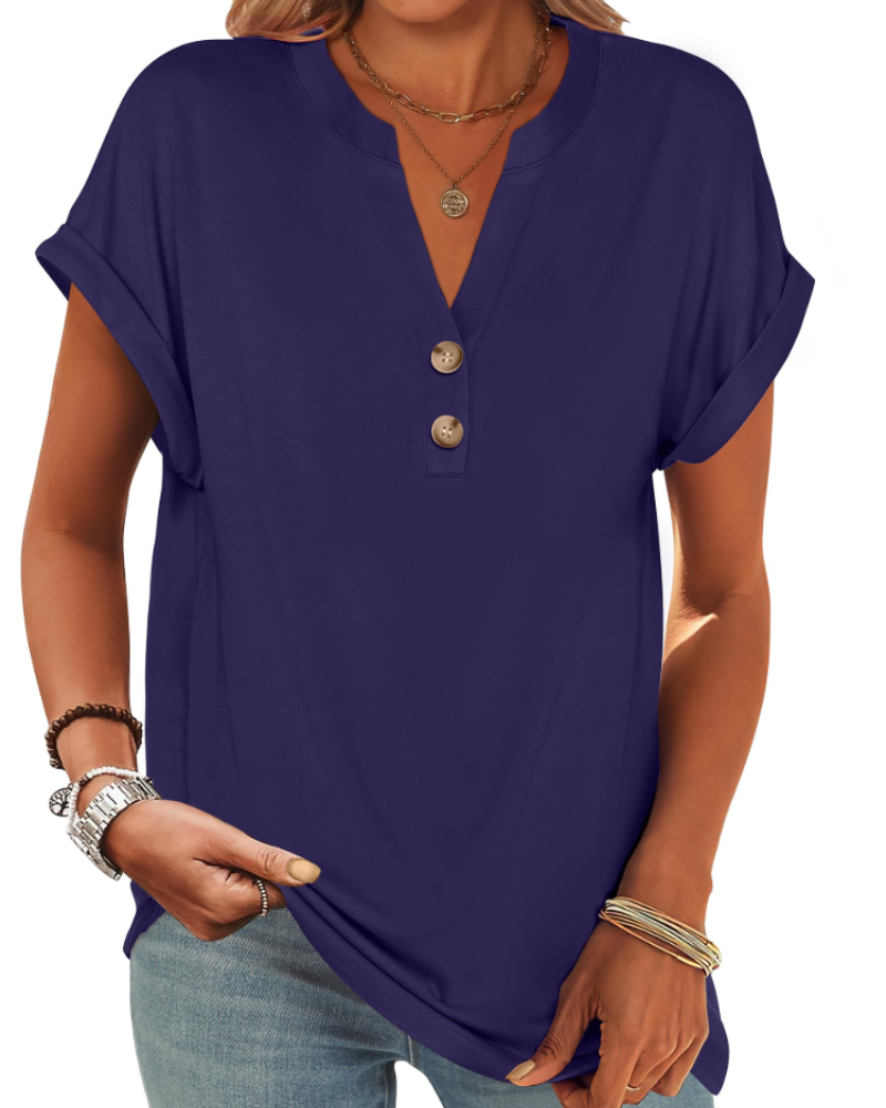 Manon Top Femme – Μπλούζα Henley με V λαιμόκοψη και κουμπιά, Αέρινη κομψή casual καλοκαιρινή γραμμή