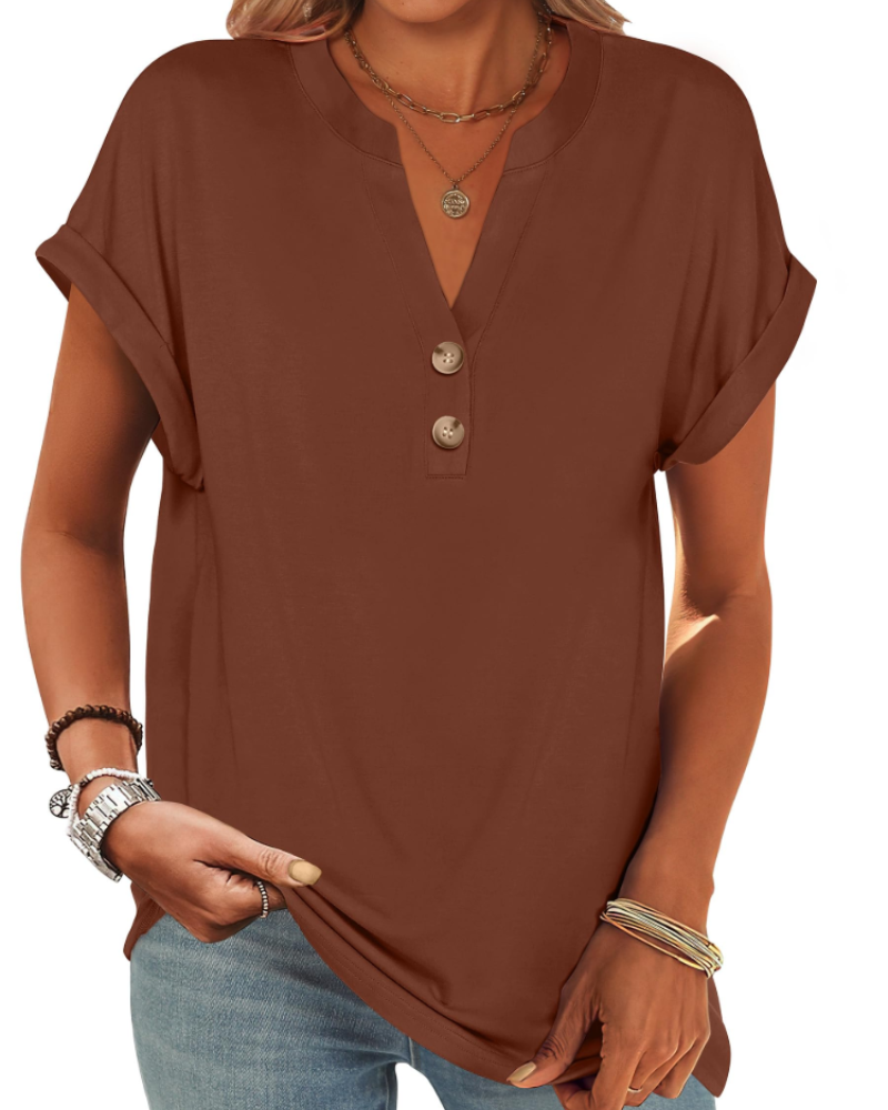 Manon Top Femme – Μπλούζα Henley με V λαιμόκοψη και κουμπιά, Αέρινη κομψή casual καλοκαιρινή γραμμή