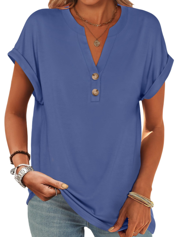 Manon Top Femme – Μπλούζα Henley με V λαιμόκοψη και κουμπιά, Αέρινη κομψή casual καλοκαιρινή γραμμή