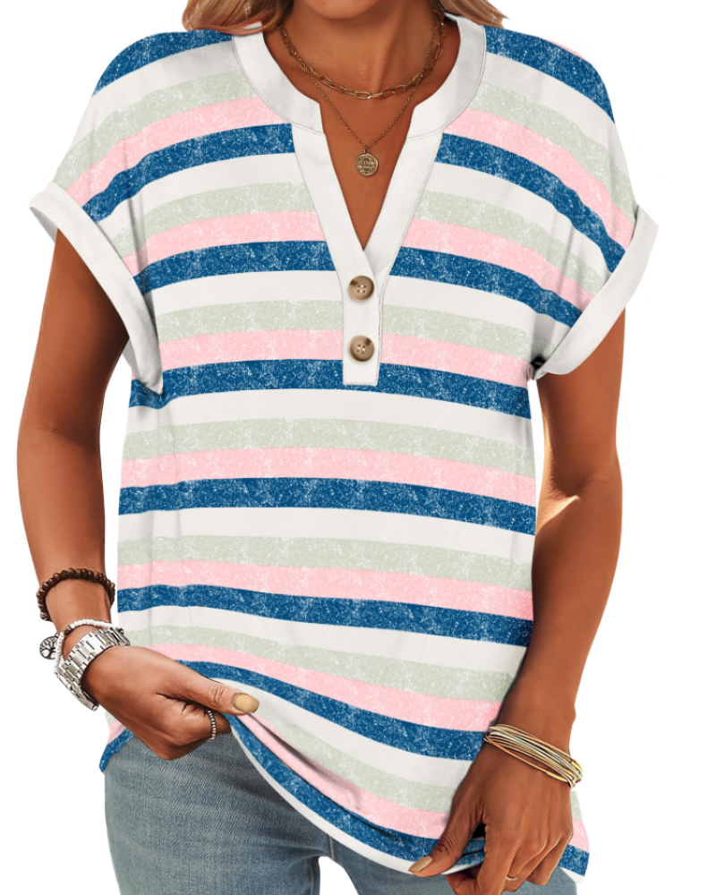 Manon Top Femme – Μπλούζα Henley με V λαιμόκοψη και κουμπιά, Αέρινη κομψή casual καλοκαιρινή γραμμή