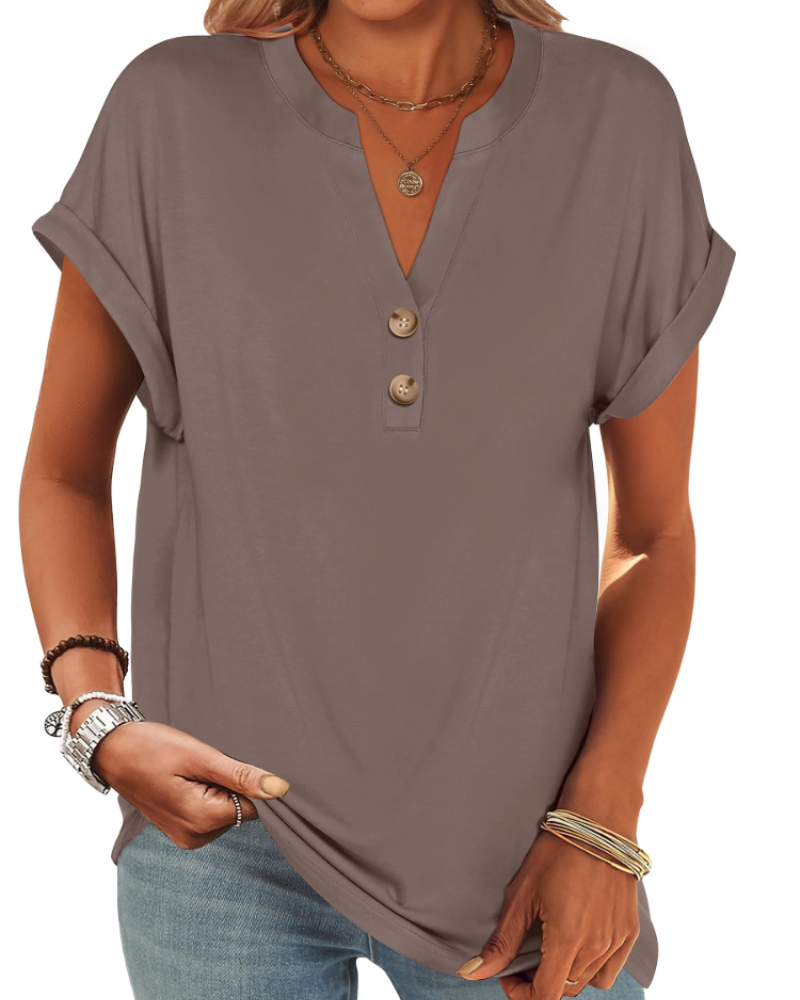 Manon Top Femme – Μπλούζα Henley με V λαιμόκοψη και κουμπιά, Αέρινη κομψή casual καλοκαιρινή γραμμή