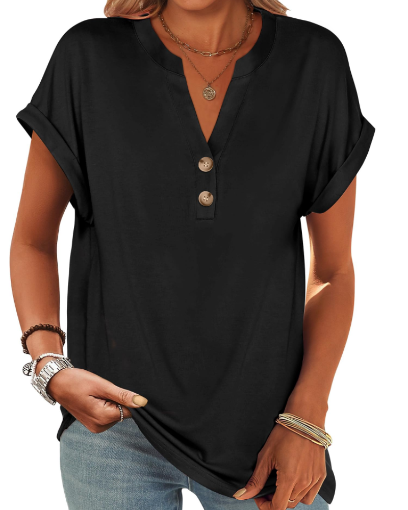 Manon Top Femme – Μπλούζα Henley με V λαιμόκοψη και κουμπιά, Αέρινη κομψή casual καλοκαιρινή γραμμή