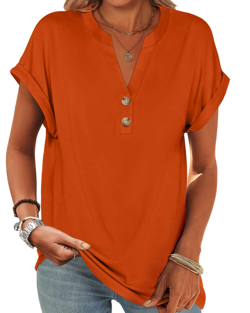 Manon Top Femme – Μπλούζα Henley με V λαιμόκοψη και κουμπιά, Αέρινη κομψή casual καλοκαιρινή γραμμή