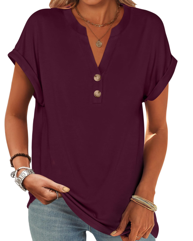 Manon Top Femme – Μπλούζα Henley με V λαιμόκοψη και κουμπιά, Αέρινη κομψή casual καλοκαιρινή γραμμή
