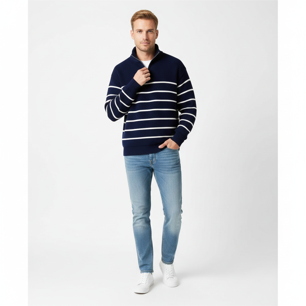 Marc Pull Homme Rayé à Demi-Zip – Maille Marine Casual Chic pour Toutes Saisons