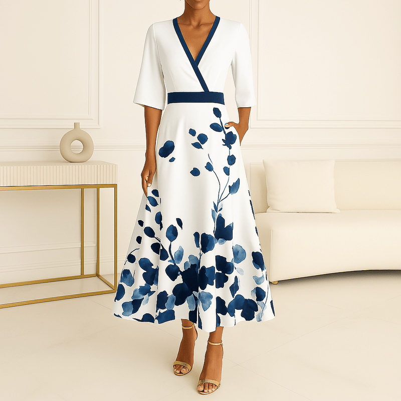 Belle Robe Longue pour Femme - Blomstret kjole med V-hals, bælte og slids til sommerens elegance