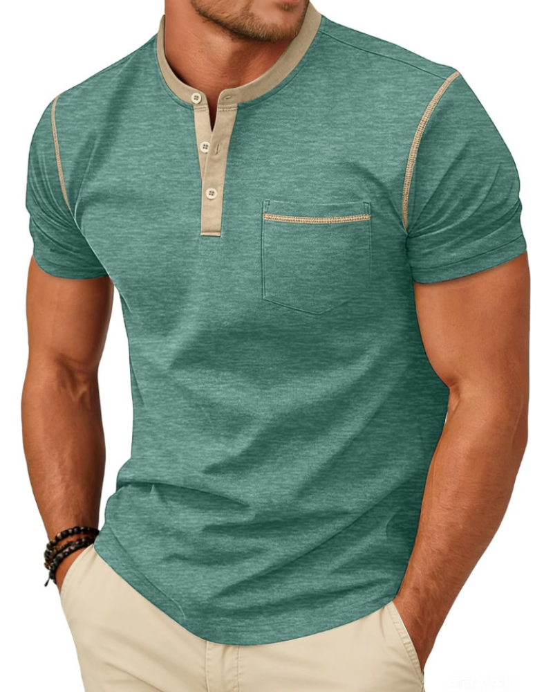 Manny T-Shirt Henley Homme – Tee-Shirt Col Boutonné Color Block Été Casual