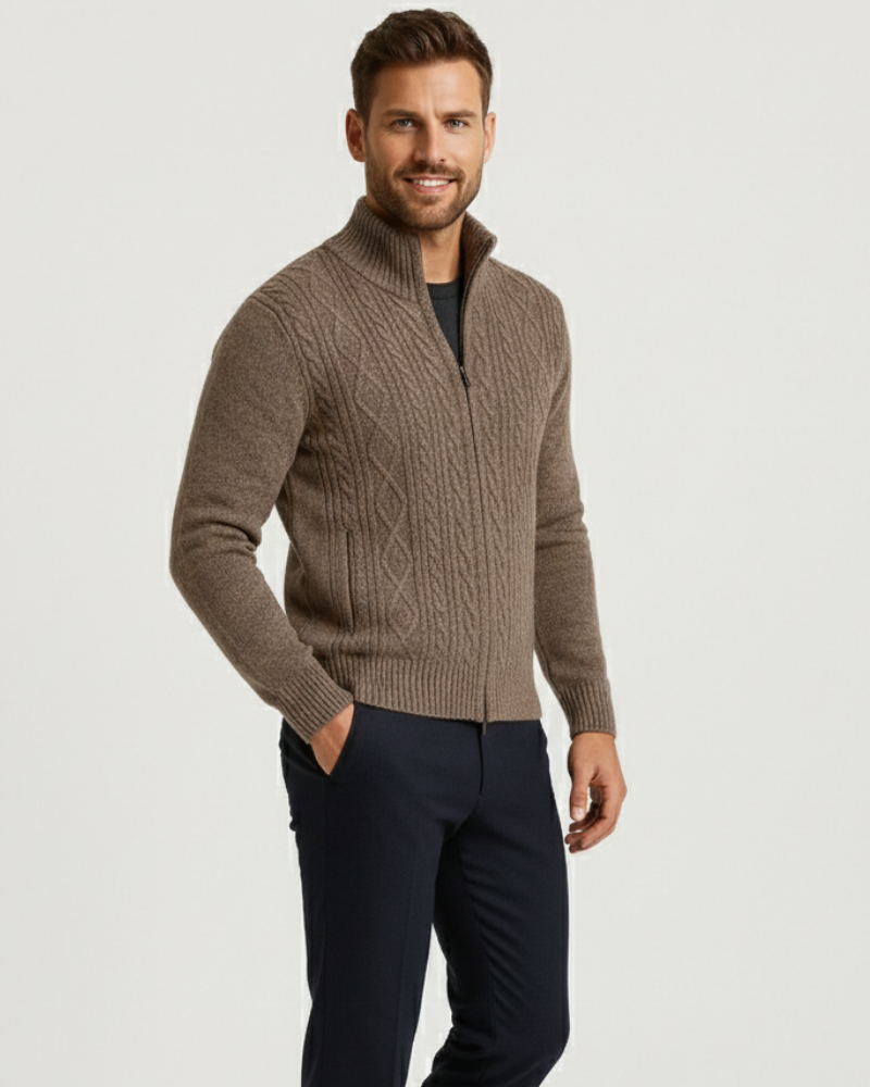 Noah Gilet Zippé Homme – Maille Torsadée, Col Montant & Élégance Hivernale