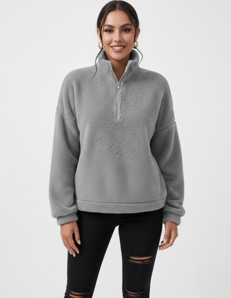 Noime Women's Fleece Sweater – Soft Half-Zip Sweater with Stand-Up Collar and Relaxed Fit