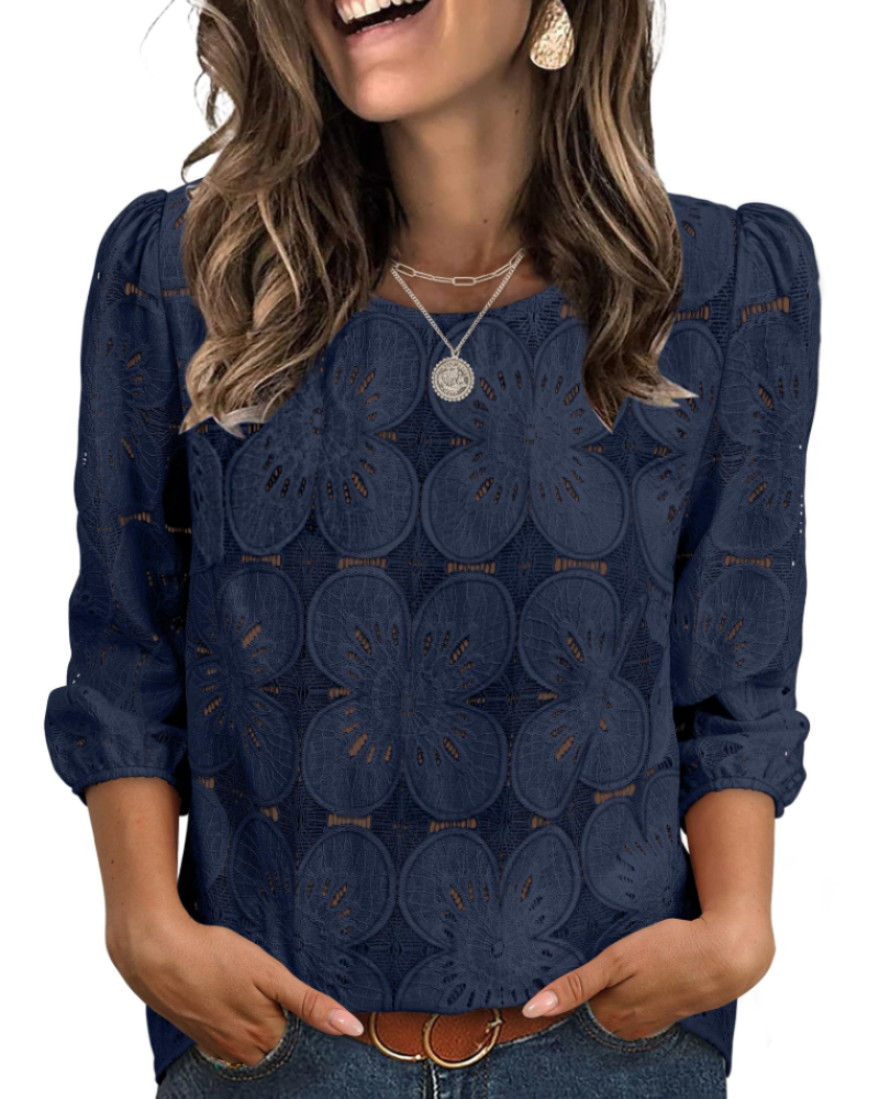 Bluzka Nolia Damska – Top z Ażurem i Bufiastymi Rękawami 3/4, Styl Elegancki Casual Chic