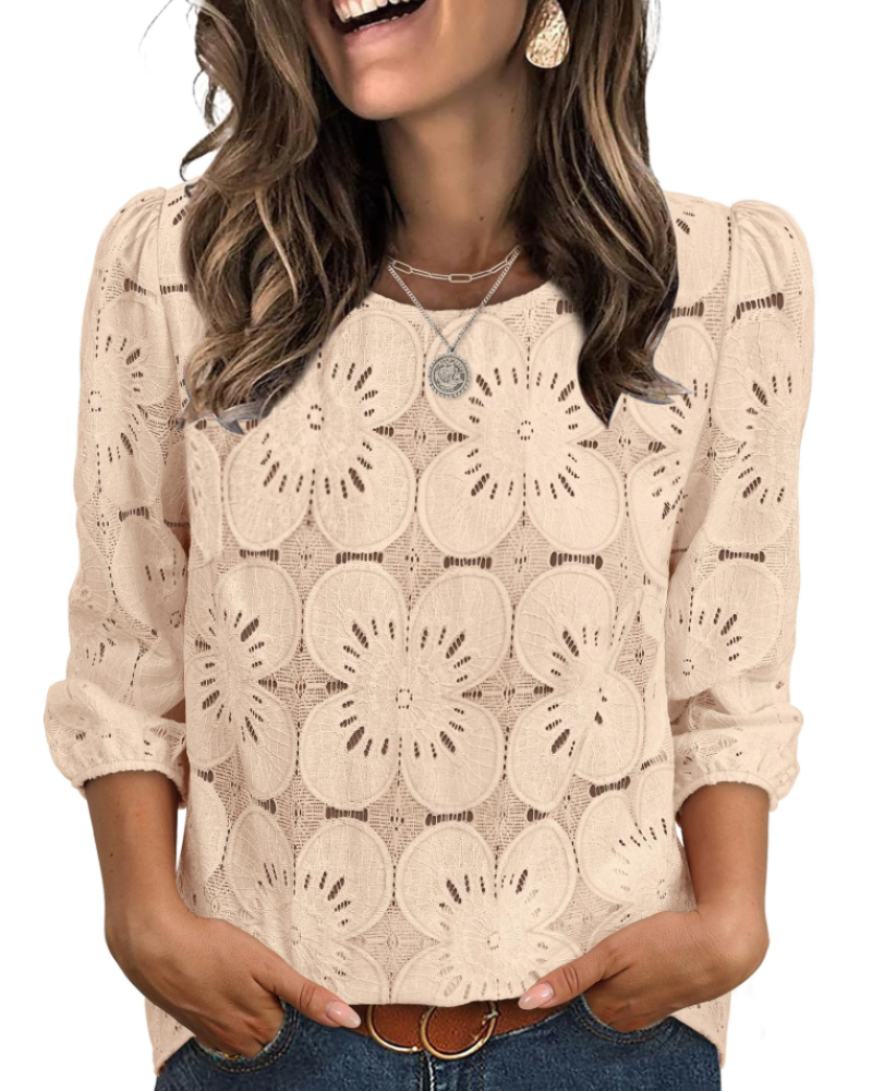 Bluzka Nolia Damska – Top z Ażurem i Bufiastymi Rękawami 3/4, Styl Elegancki Casual Chic