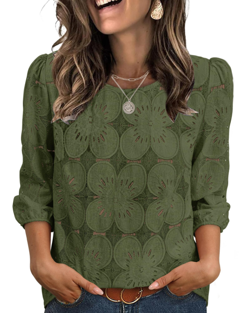 Bluzka Nolia Damska – Top z Ażurem i Bufiastymi Rękawami 3/4, Styl Elegancki Casual Chic