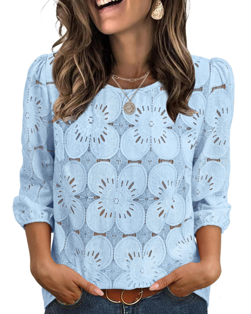 Bluzka Nolia Damska – Top z Ażurem i Bufiastymi Rękawami 3/4, Styl Elegancki Casual Chic