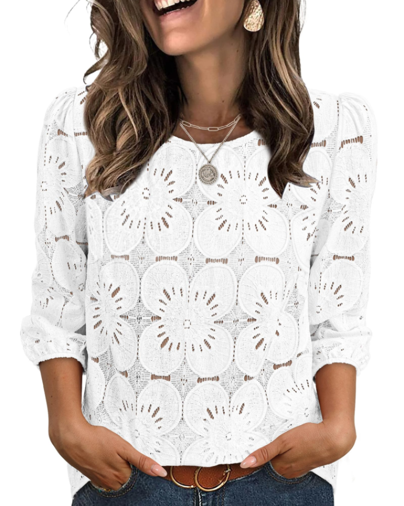 Bluzka Nolia Damska – Top z Ażurem i Bufiastymi Rękawami 3/4, Styl Elegancki Casual Chic